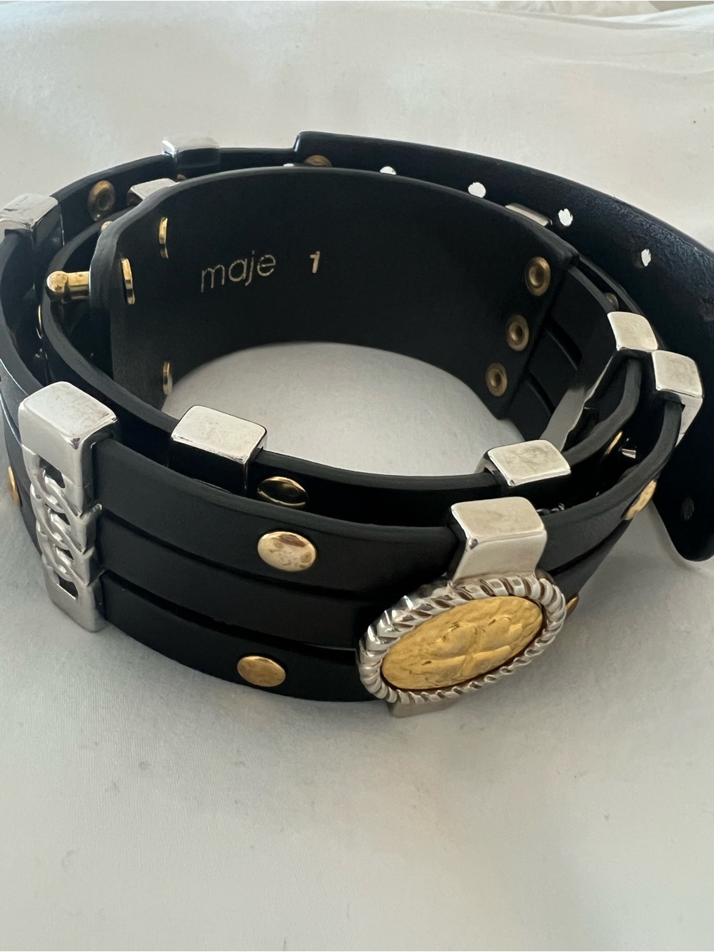 Maje Black Leather belt with Gold and Silver tone accents - Size 1